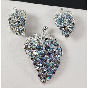 Vintage Blue AB Crystal Rhinestone Strawberry Brooch And Clip On Earring Set